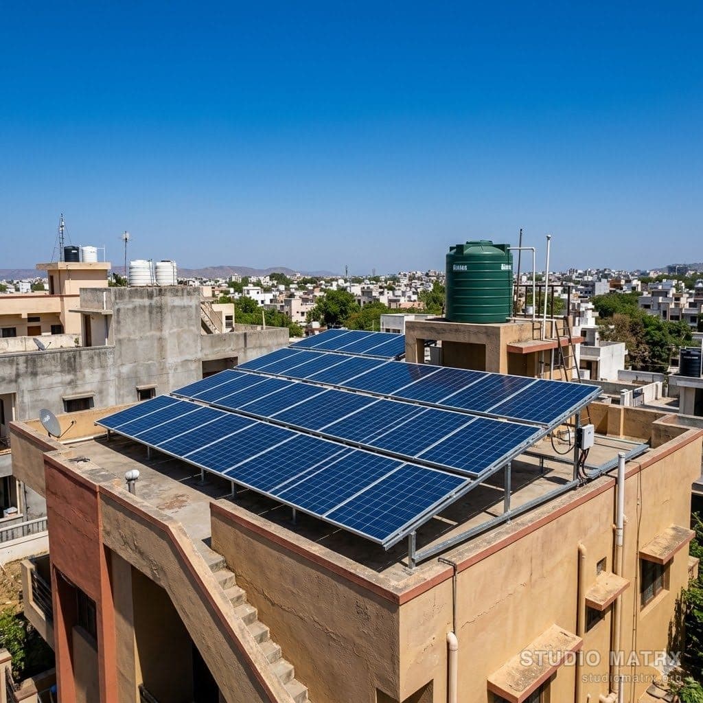 Rooftop solar panels at noon