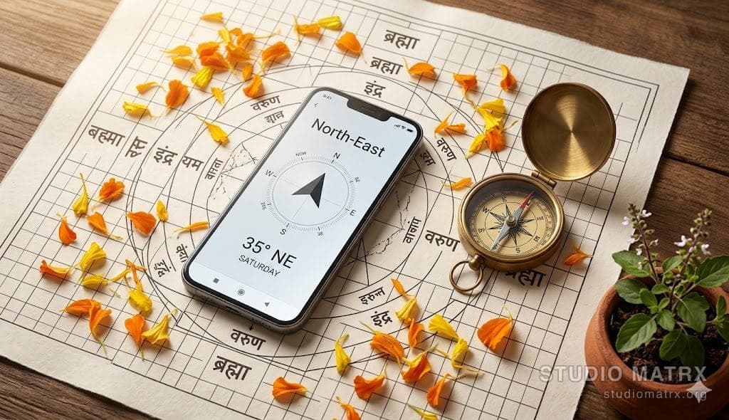 Phone compass overlaid on a Vastu mandala