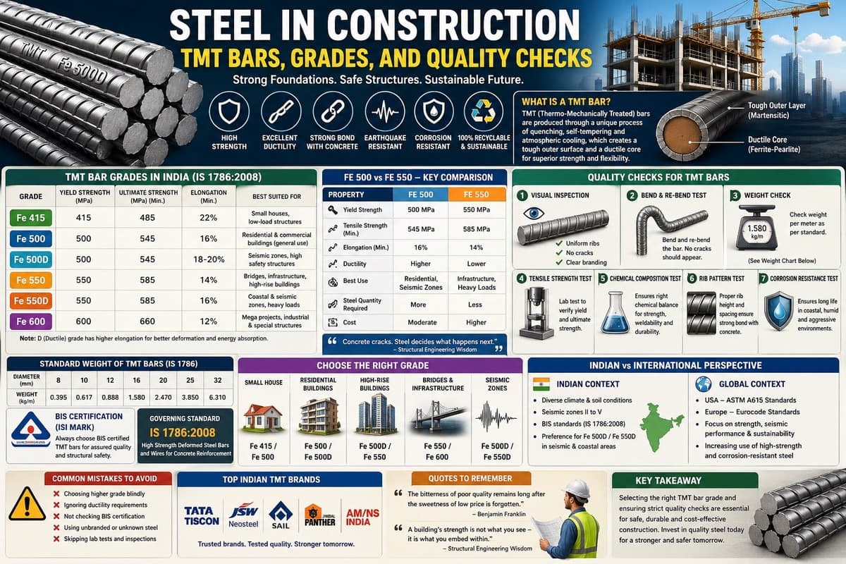 Steel in Construction – TMT Bars, Grades, and Quality Checks