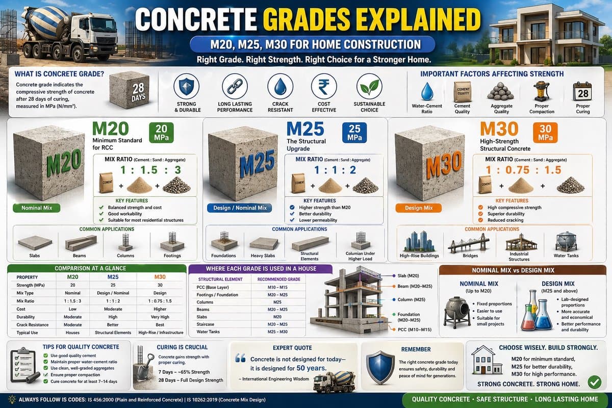 Concrete Grades Explained (M20, M25, M30) for Home Construction