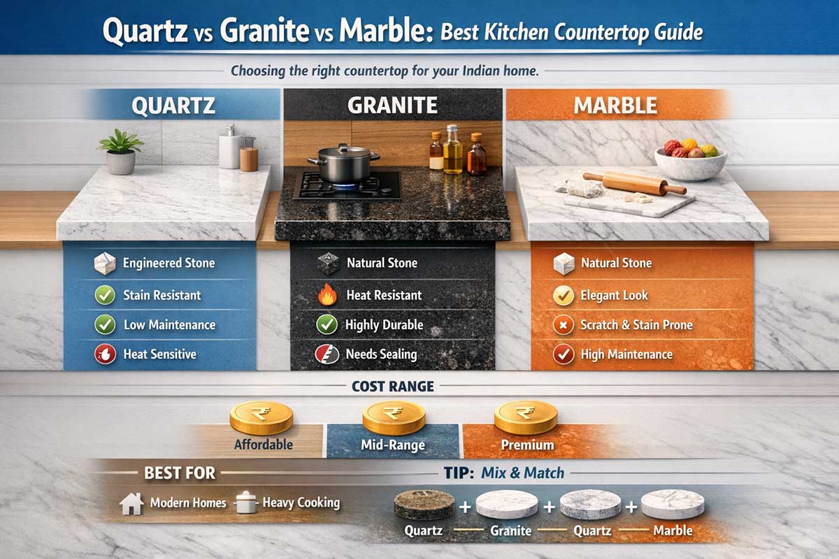 Quartz vs Granite vs Marble for Kitchen Countertops: A Complete Expert Guide