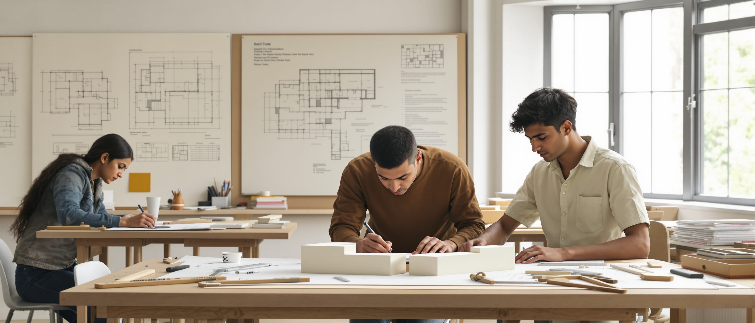 Indian architecture students working on drawings and a study model