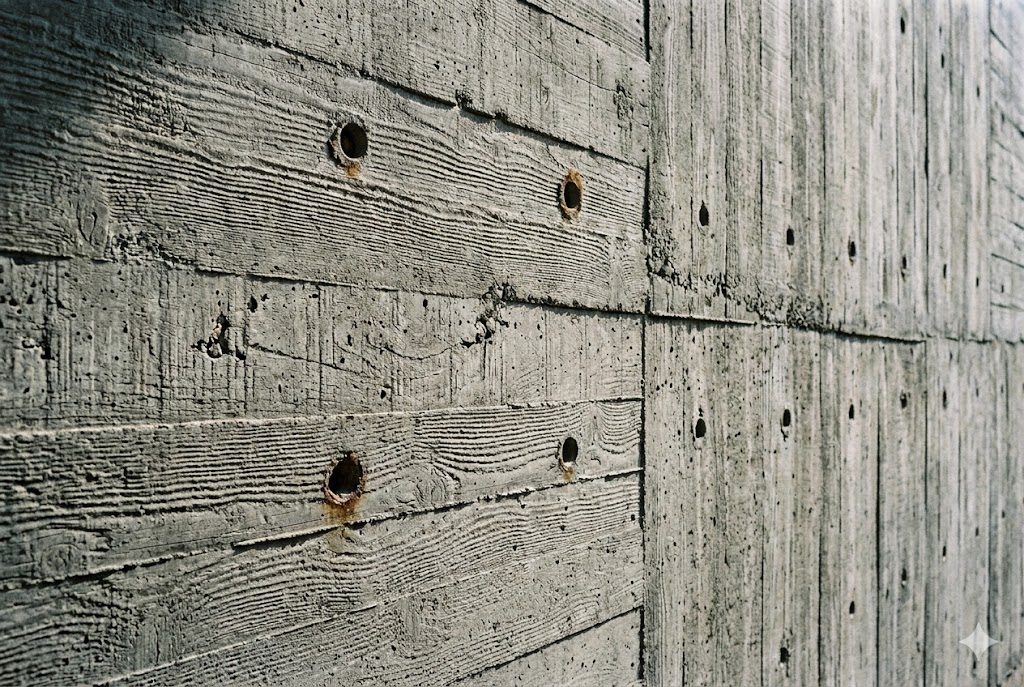 Close detail of board-marked exposed concrete, the grain of the timber formwork pressed permanently into the surface, characteristic of Kanvinde's mature brutalist buildings
