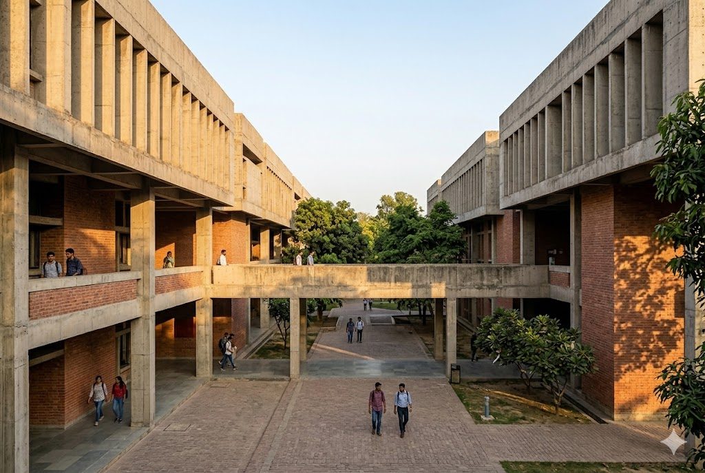 Board-marked concrete academic blocks and deep shaded walkways at a mid-century Indian institute of technology, in the spirit of Kanvinde's IIT Kanpur campus