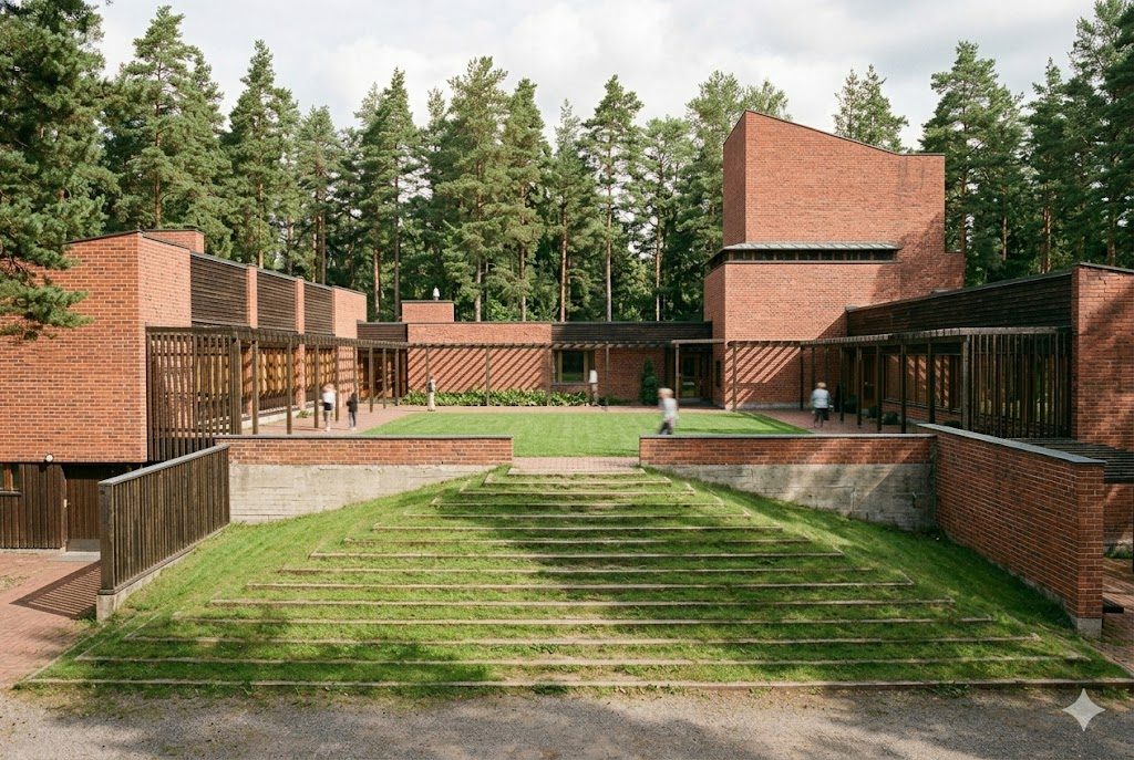 A grass-stepped brick courtyard rising toward a timber-framed council chamber, the warm civic heart of a small Finnish town, in the spirit of Saynatsalo Town Hall