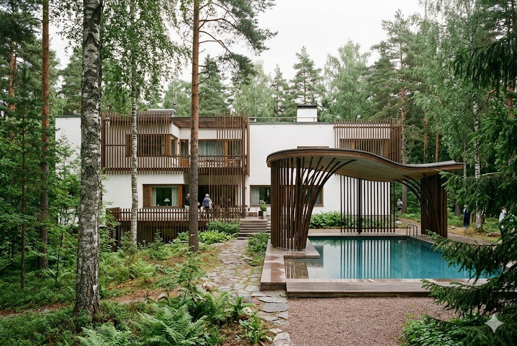 A modern timber-and-white interior with an undulating wooden ceiling and soft, even daylight from above, in the spirit of Aalto's Viipuri Library reading rooms