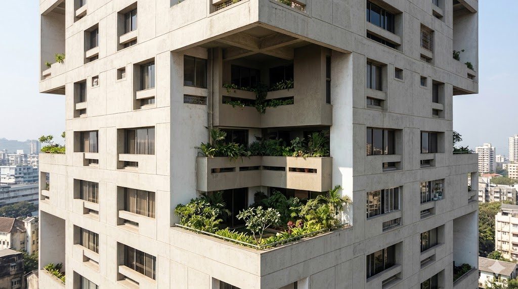 Kanchanjunga Apartments, the corners cut away into deep recessed double-height garden terraces that shade and cool the flats wrapped around them
