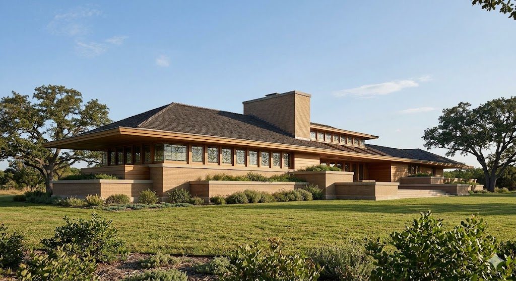 Low horizontal Prairie-style house with deep cantilevered eaves and continuous bands of art-glass windows hugging the ground