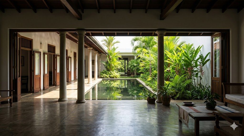 A Geoffrey Bawa interior where a shaded room opens through a colonnaded verandah onto a planted courtyard with a reflecting pool, sunlight and greenery flooding into the living space