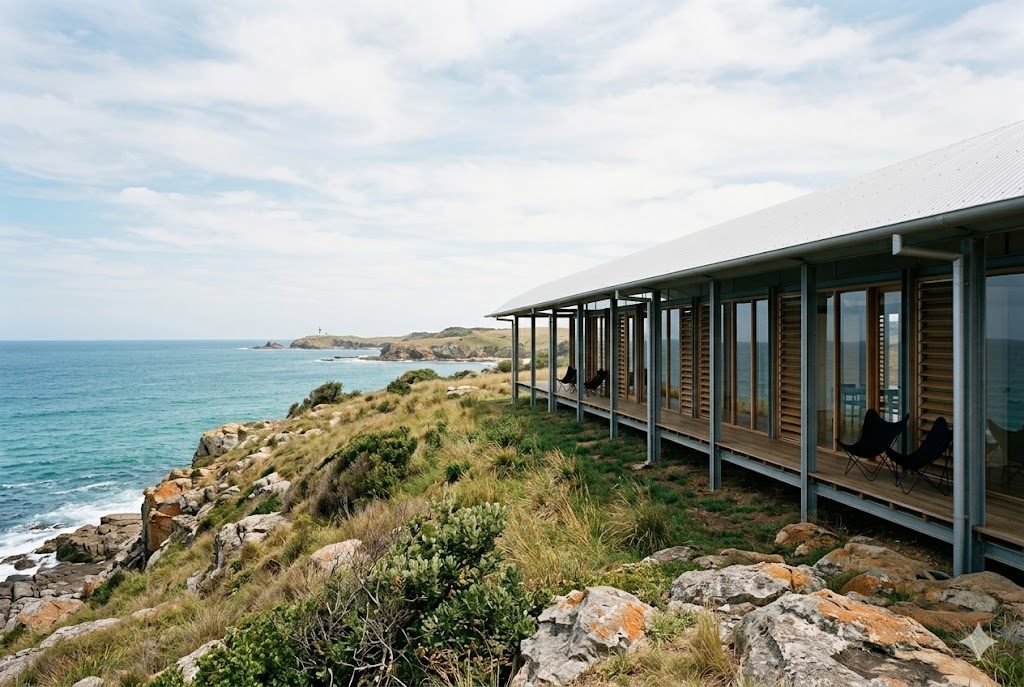 The Magney House at Bingie Point — a long single-storey pavilion under one continuous, gently curved silver corrugated-metal roof, a fully glazed and louvred wall opening to the coast, deep eaves and slender steel posts, set in an open grassy headland under a wide sky