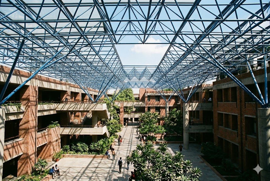 The interlinked courtyards of the India Habitat Centre in New Delhi shaded by vast steel pergolas with blue glazed inserts, casting patterned shade over cool planted public courts