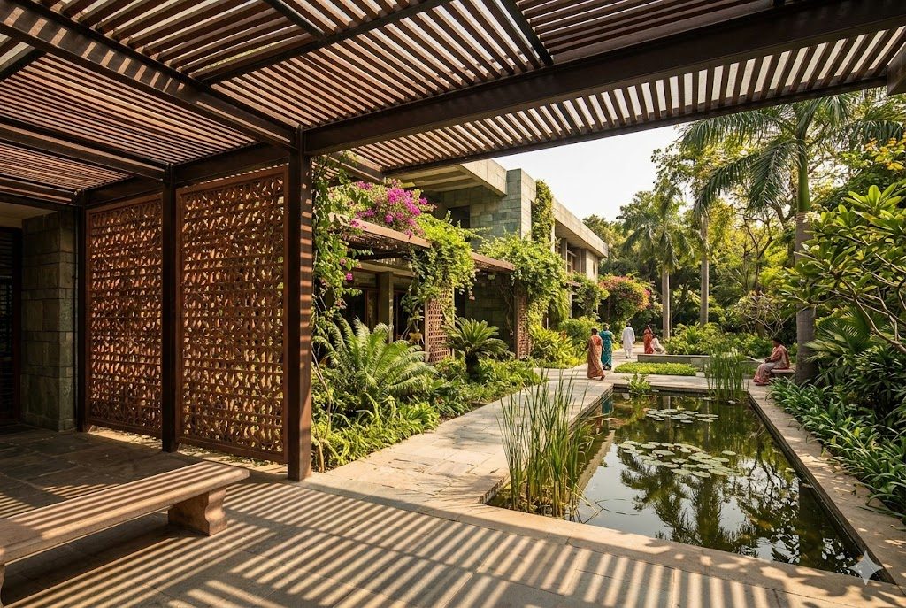 The terraced courts and gardens of the India International Centre, where a still pool, a preserved tree and pierced concrete screens dissolve the line between the building and Lodi Gardens beyond