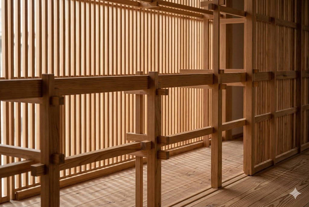Two inline studies of Kuma's method — a screen of thin timber louvres dissolving a wall into light and shadow, and a wall of stacked thin stone slips that turns mass into texture