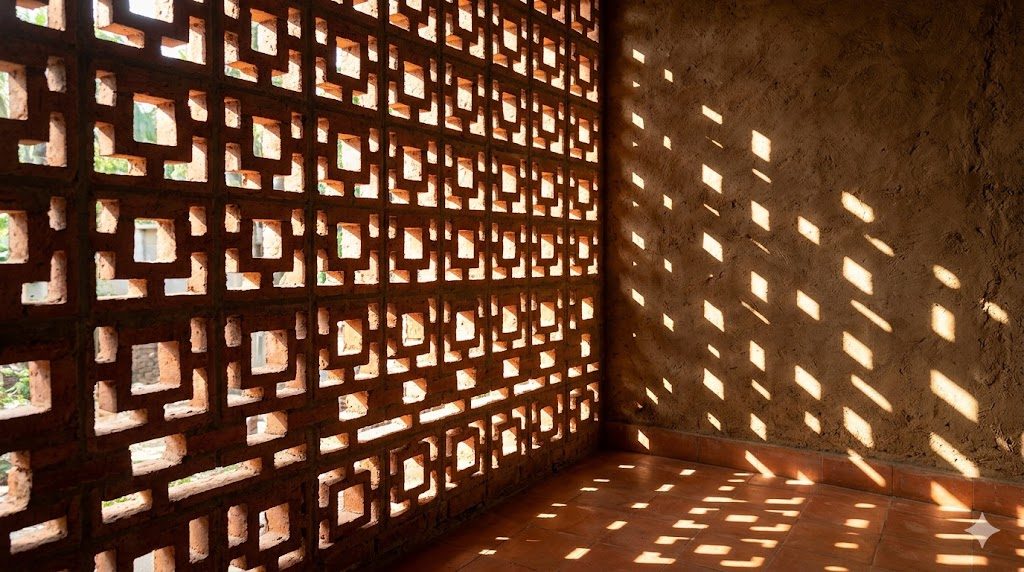 Detail of exposed brick jali screen casting square patterns of light, in the manner of Laurie Baker's Kerala buildings