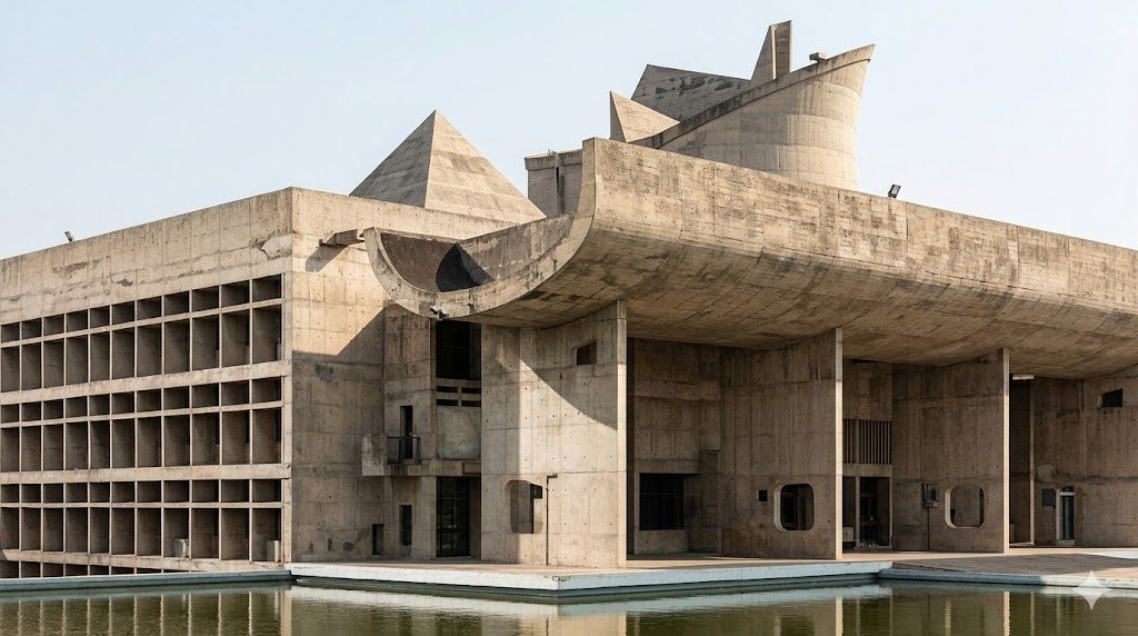 The Palace of Assembly at Chandigarh, its sculptural concrete portico and tower forms shaped for the Indian light