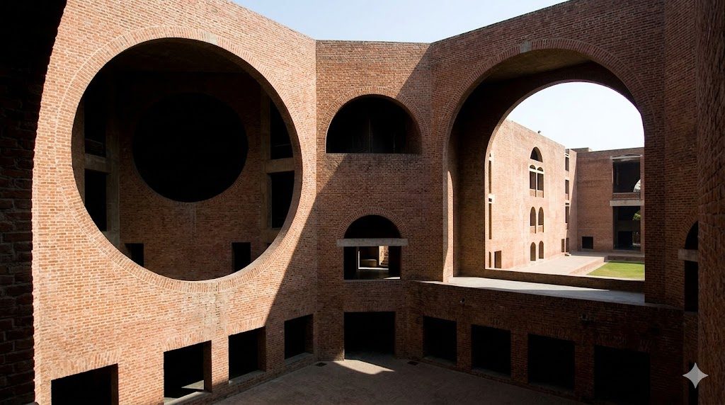 The monumental exposed-brick arches and giant circular openings of the IIM Ahmedabad campus, deep shadow pooling in the courtyards under the Gujarat sun