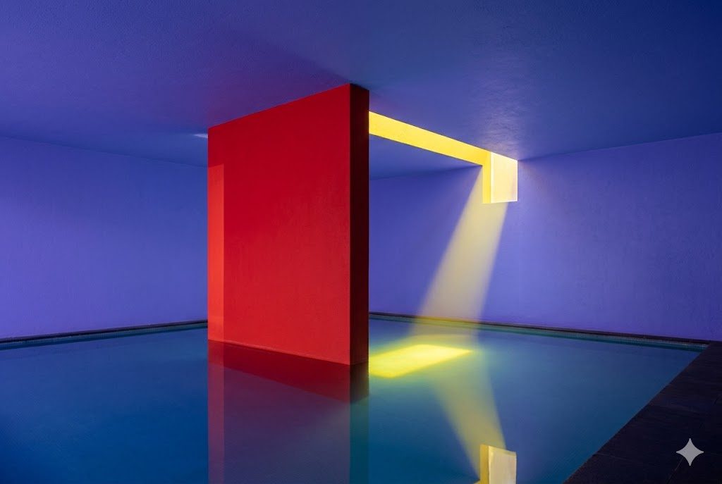 A tall, plain coloured wall pierced by a single high opening that drops a shaft of warm light onto a bare plastered surface, evoking the captured daylight of Barragan's interiors