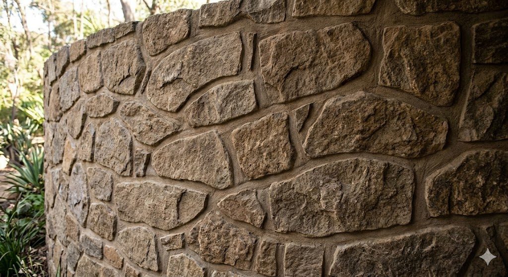 A detail of curved, hand-laid organic stone masonry in a Nari Gandhi-spirit house, the joints following a flowing line rather than a straight course