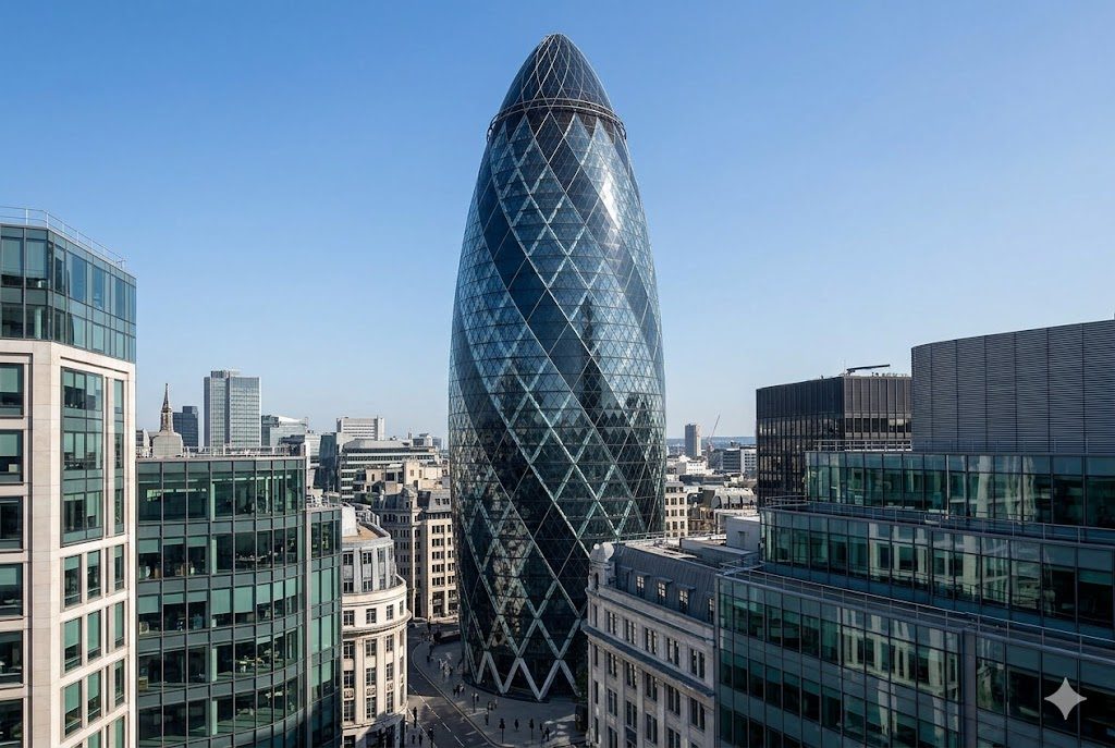 The aerodynamic, lattice-clad form of 30 St Mary Axe, the London tower known as the Gherkin, its spiralling light-wells visible through the glass