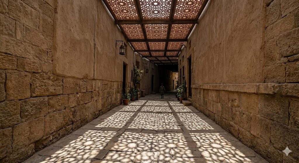 A narrow, deeply shaded pedestrian street between sand-coloured masonry walls, jali screens overhead casting patterned light onto the paving