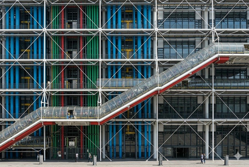 A bright, exposed steel and glass exterior of the Centre Pompidou with its colour-coded service ducts and the diagonal glass escalator tube climbing the facade, framed against the Paris sky
