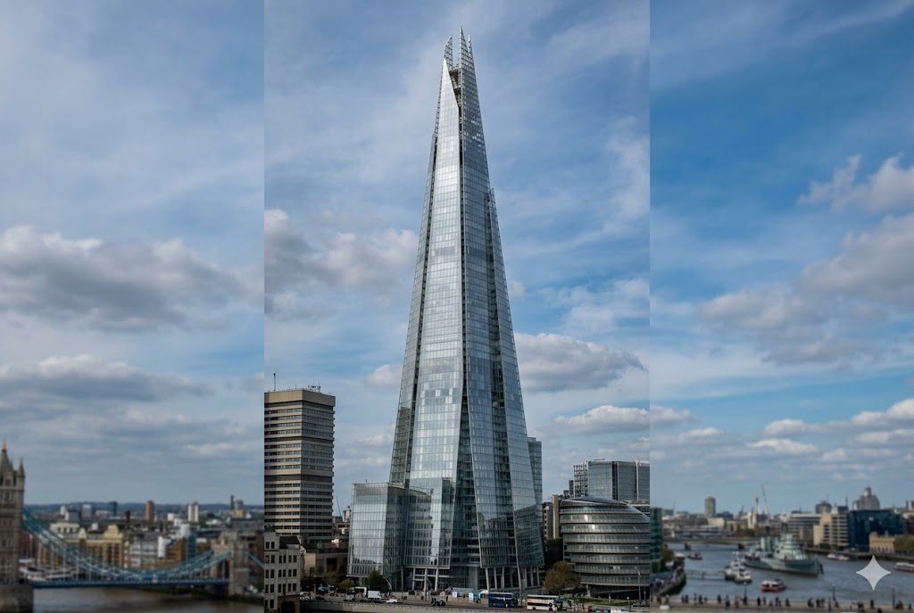 The tapering glass form of The Shard rising over London and seeming to dissolve into the sky at its splintered top, a skyscraper imagined as a sliver of light