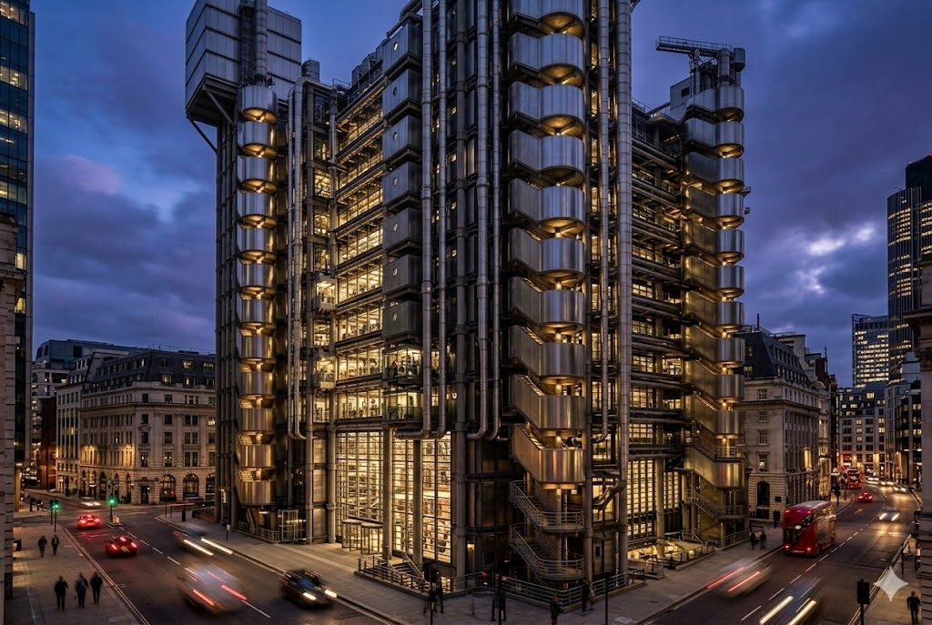 The exterior service towers of Lloyd's of London, with stainless-steel staircases, lifts and ductwork clustered on the outside of the building