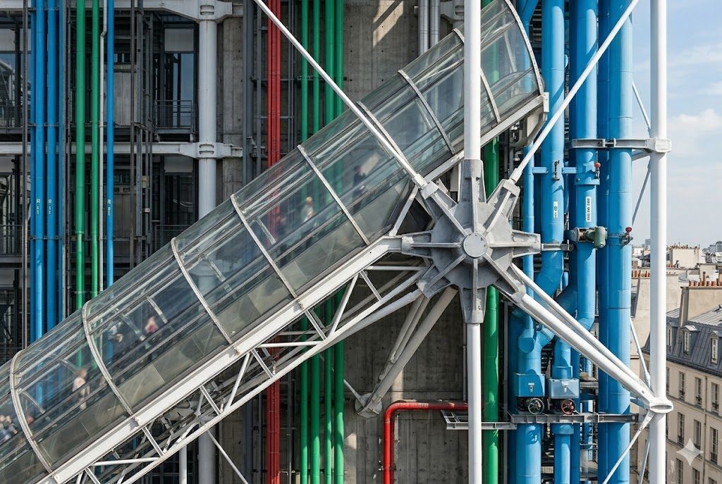 A close view of the Centre Pompidou facade, showing the colour-coded external ducts and the glazed diagonal escalator tube climbing across the public front