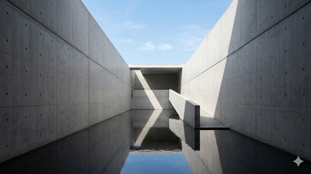 A long, walled concrete approach where smooth grey planes frame a band of sky and a shaft of light meets a still sheet of water, evoking Ando's choreography of light and emptiness