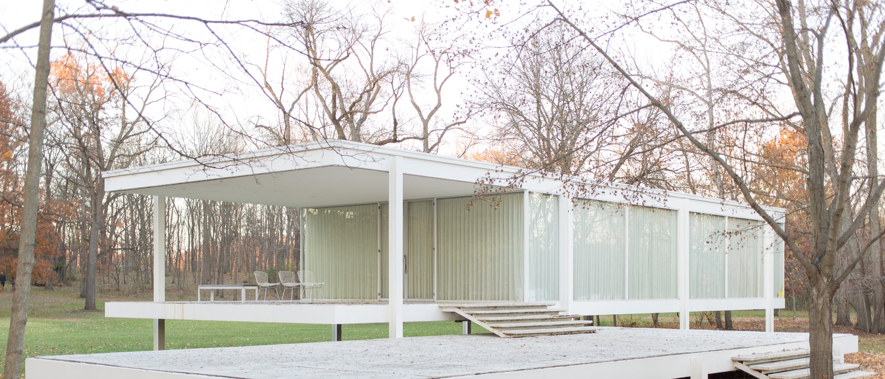 Farnsworth House — A glass box floating above a floodplain.