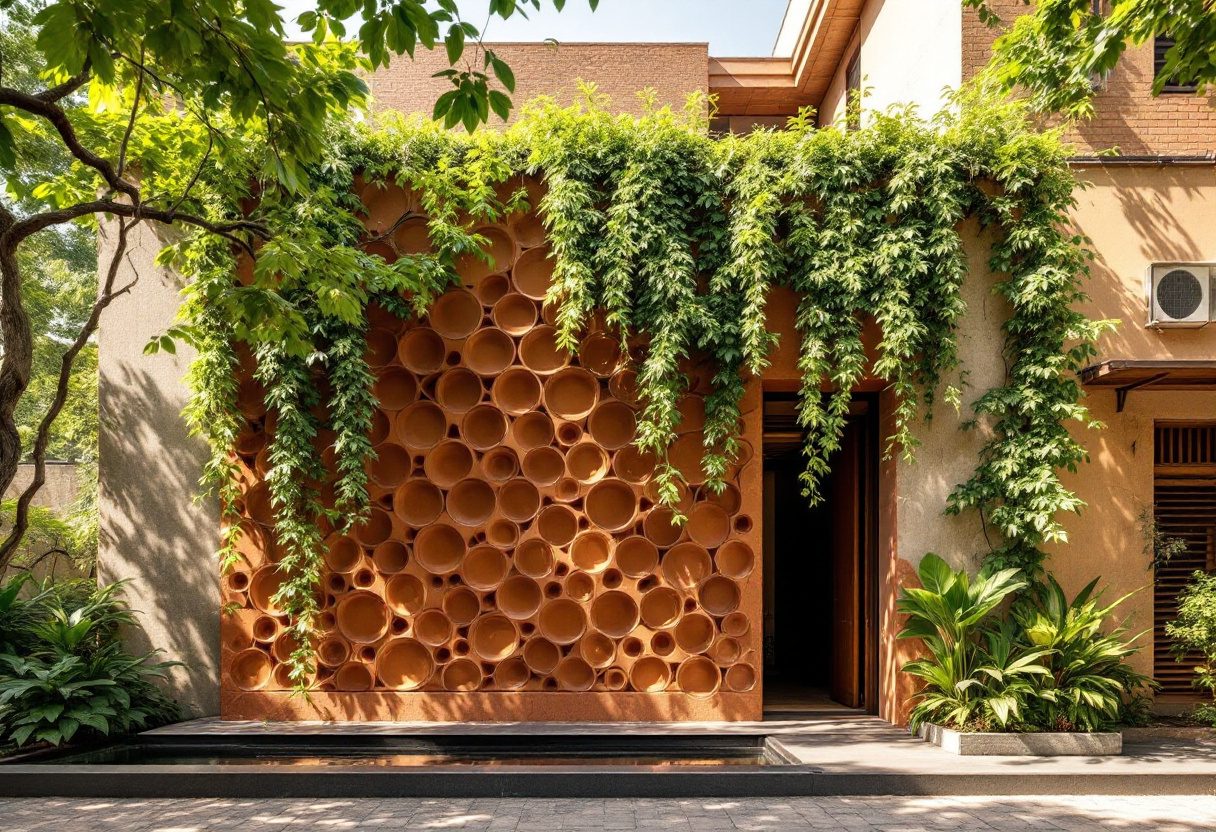 A terracotta jaali breathing wall draped in greenery on a climate-responsive Indian home