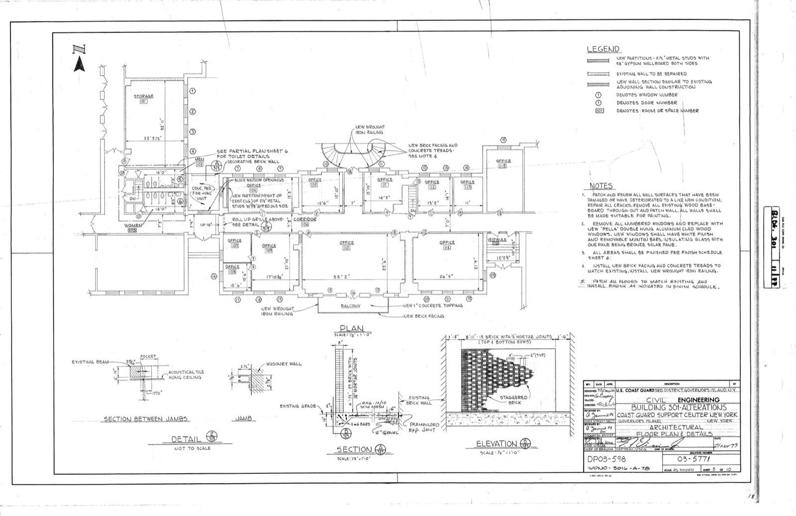 A photograph of a real architectural floor-plan-and-details drawing sheet showing line work, a boxed legend defining numbered window, door and room markers and a partition hatch, a numbered notes column, a dimensioned floor plan with rooms, and smaller section and detail drawings with a title block in the corner — a genuine drawing sheet, not a render