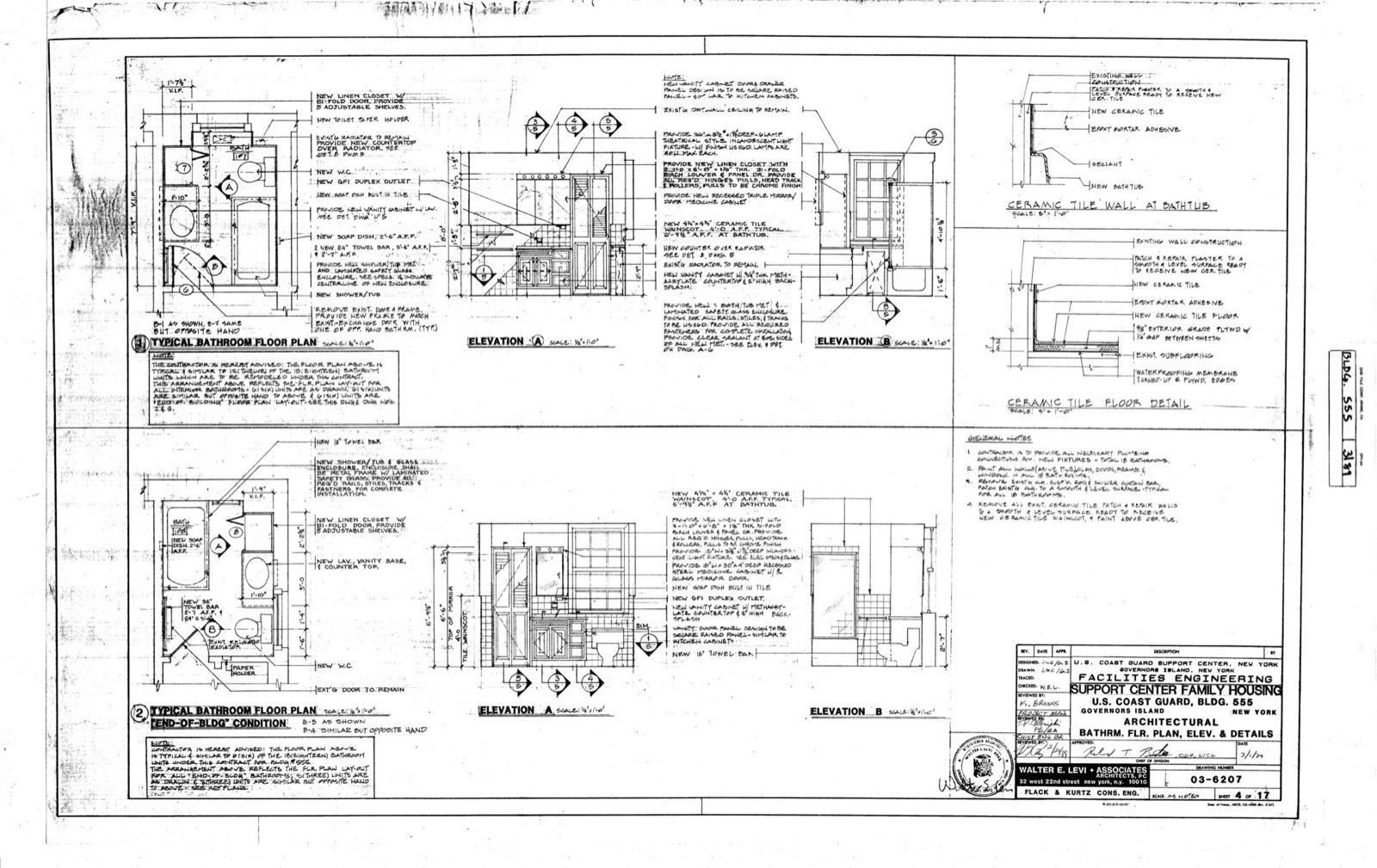 A photograph of a real architectural bathroom drawing sheet showing a dimensioned bathroom floor plan with fixture symbols, two interior elevations labelled A and B, a ceramic-tile floor and wall detail, a column of general notes and a title block — a genuine production drawing sheet that pairs the plan with its elevations and details