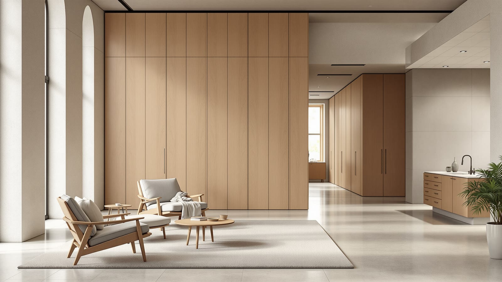 A considered contemporary interior where the furniture does the spatial work — loose seating grouped into a zone, a fitted storage wall behind, and a clear circulation route through.