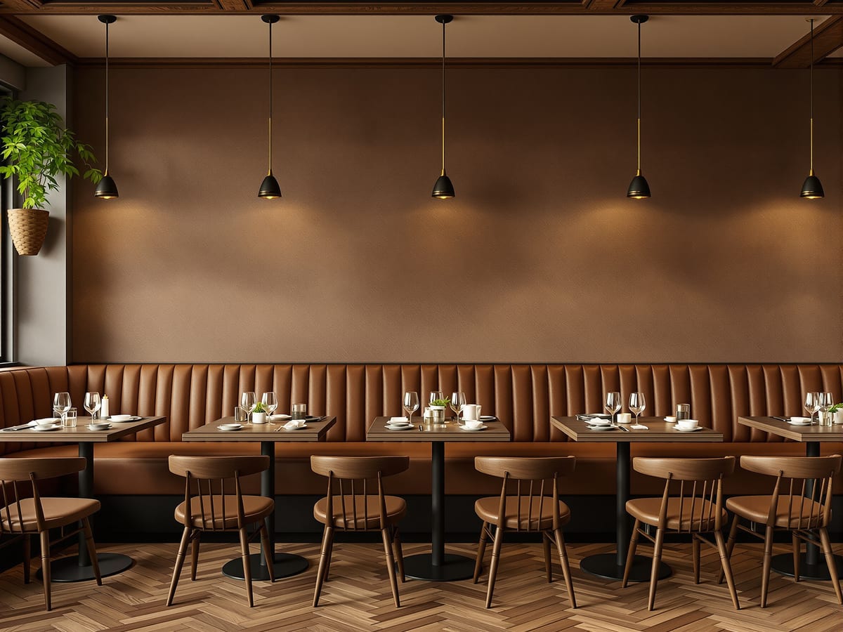 Hospitality — fixed upholstered banquette seating paired with loose timber chairs and tables; space-efficient, durable and inviting.