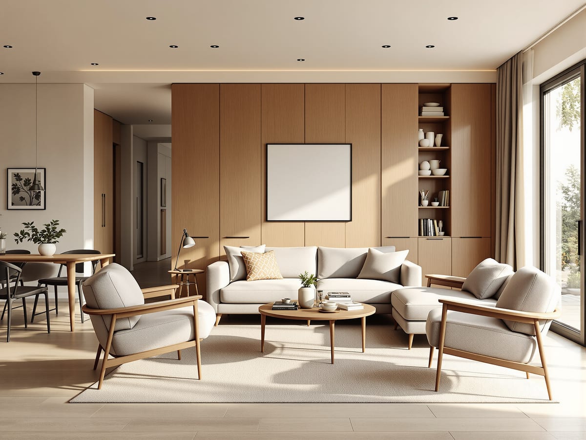 Residential — a sofa and armchairs grouped on a rug, a fitted storage wall, a dining table to one side; furniture fitted to a real life.