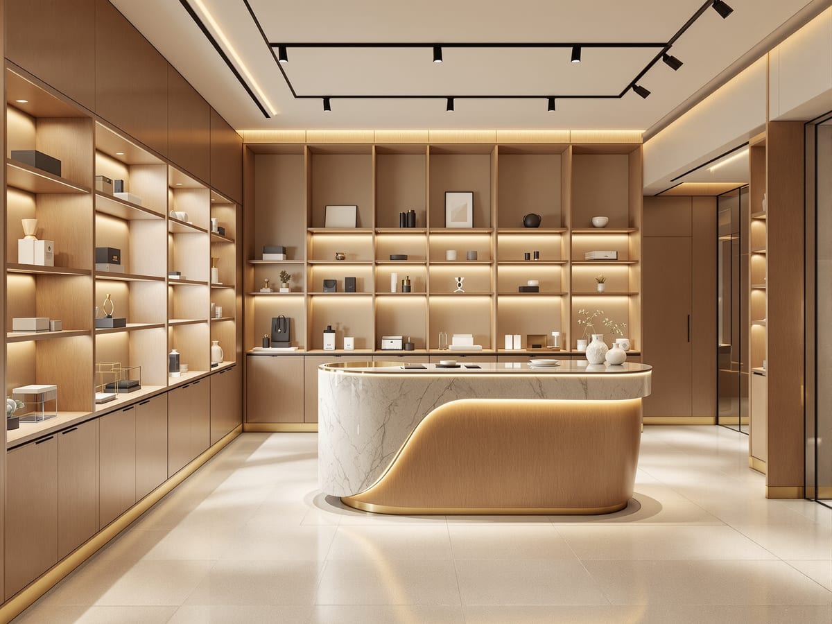 Retail — bespoke fitted display and a central counter steer the customer and present product at the right height and light.