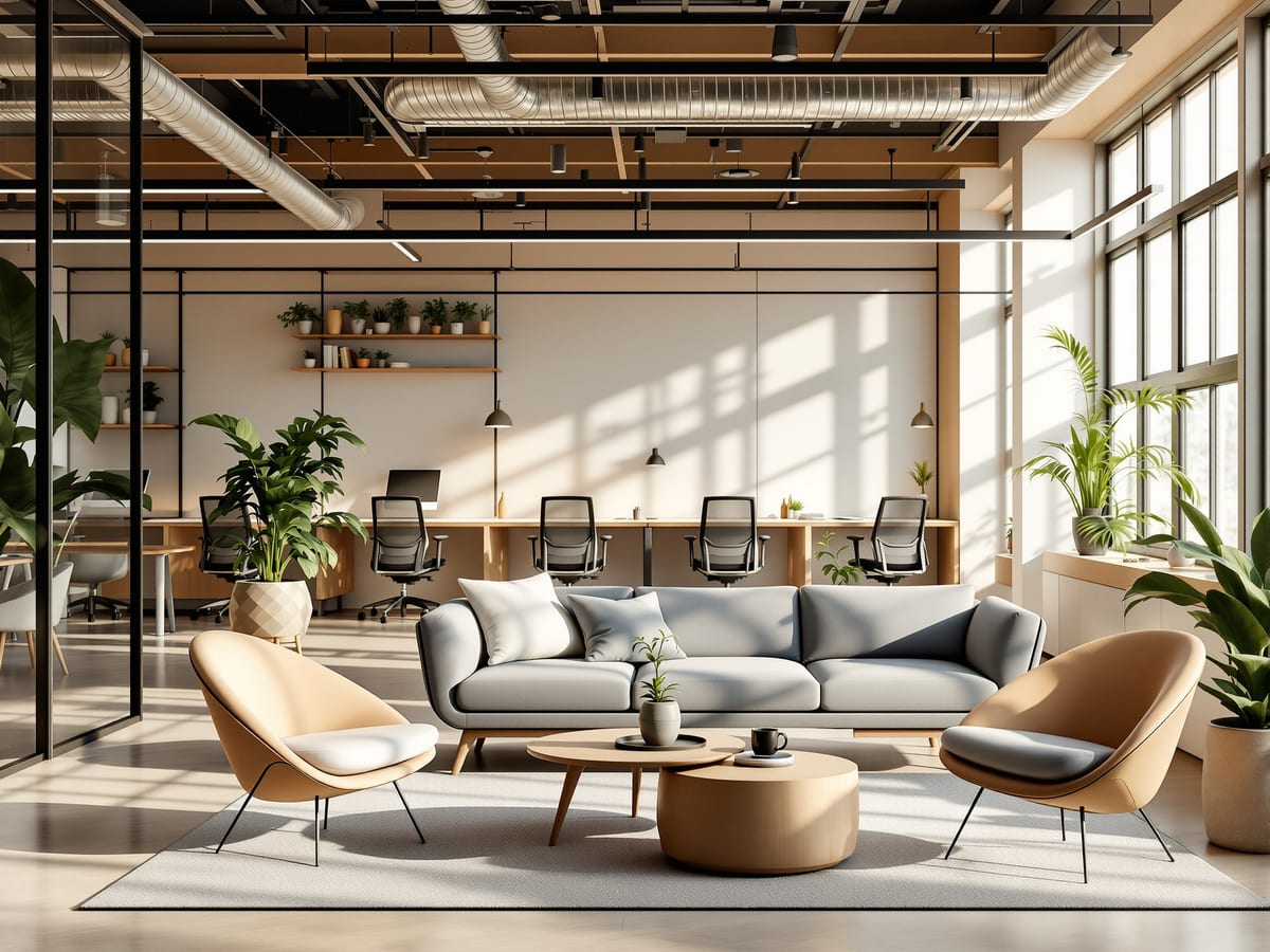 Workspace — ergonomic desking behind, and a loose 'soft' settings zone of sofa and lounge chairs in front; flexible and human.