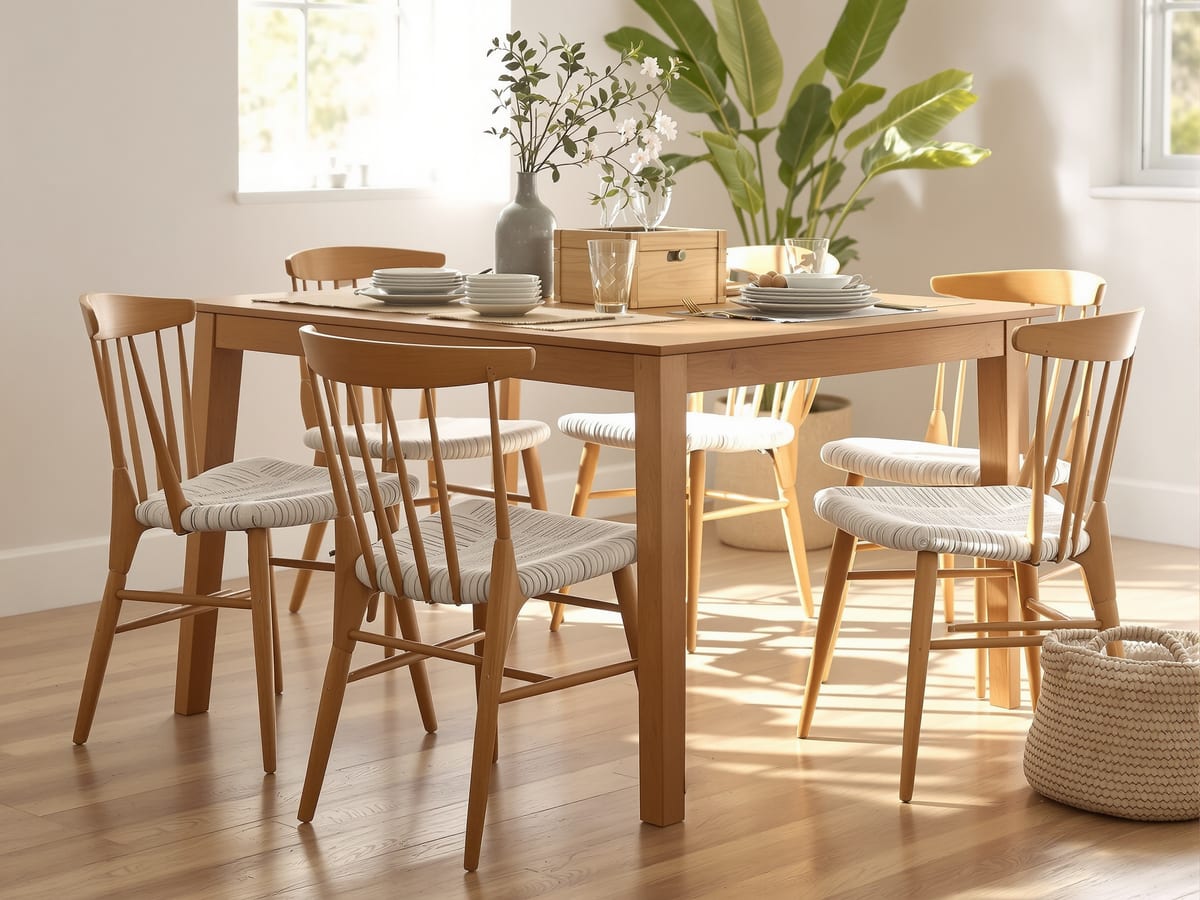 A dining setting with room to use it — knee space under the table and clearance to pull a chair out and pass behind a seated diner.