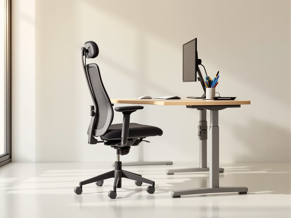 An ergonomic workstation — an adjustable task chair and desk with the screen an arm's length away at eye level; furniture sized to the seated body and its task.