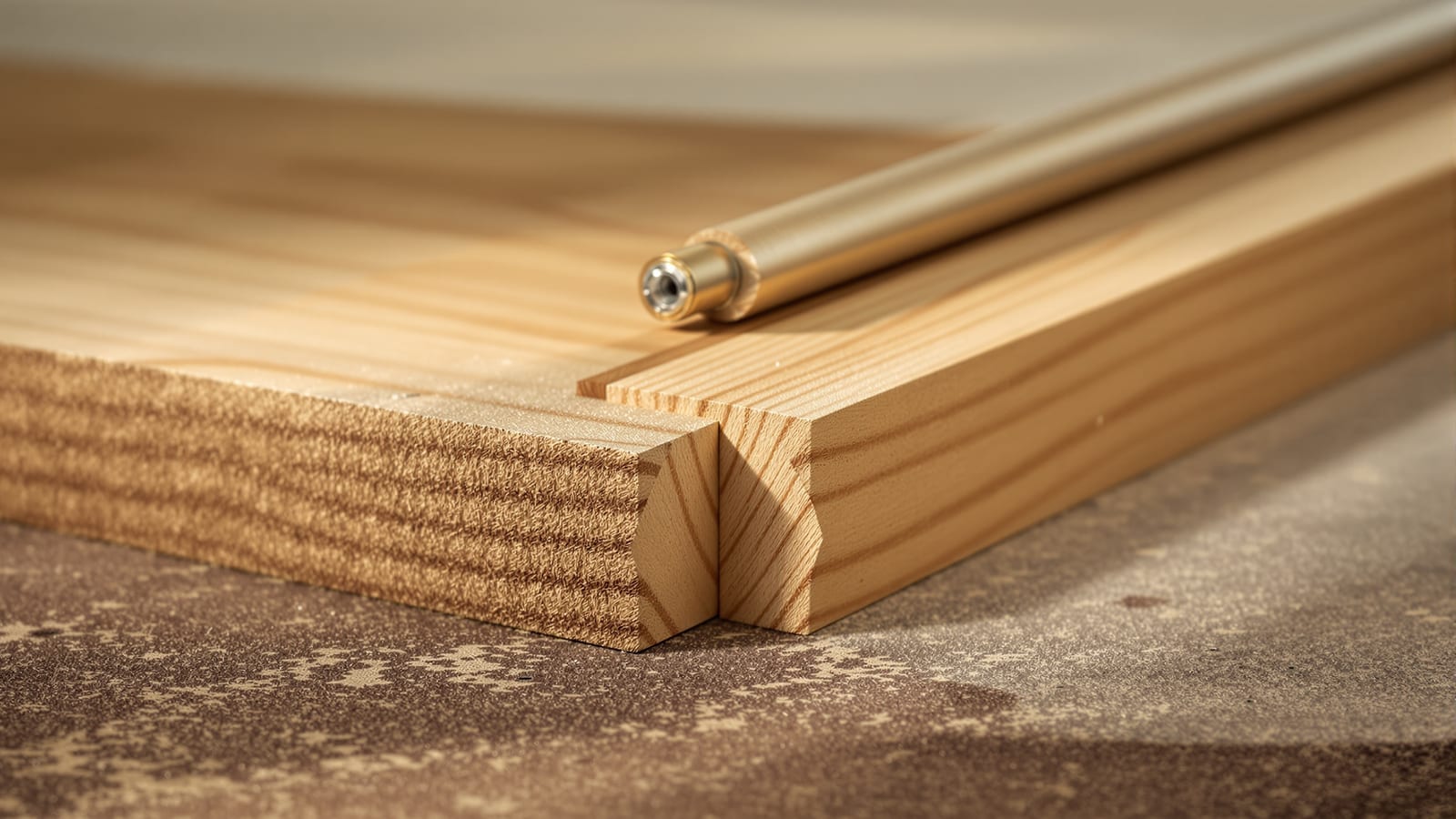A tactile still life of furniture materials and joinery — a cut dovetail timber joint, a section of tubular steel, upholstery fabric and a board edge under warm raking light, revealing grain and texture.