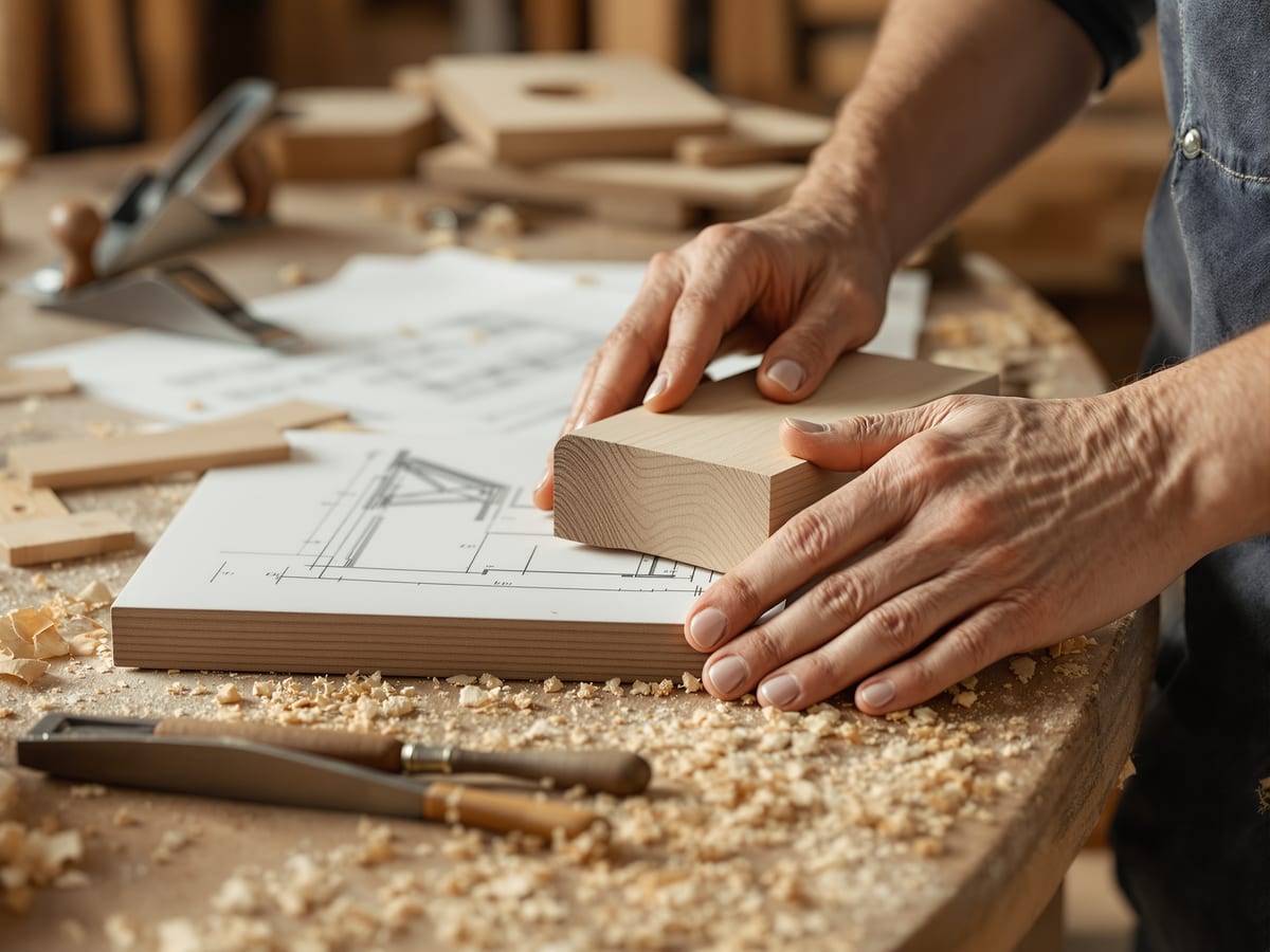 Bespoke in the making — a joiner working a timber component to a designer's drawing; total control of size, material and detail.