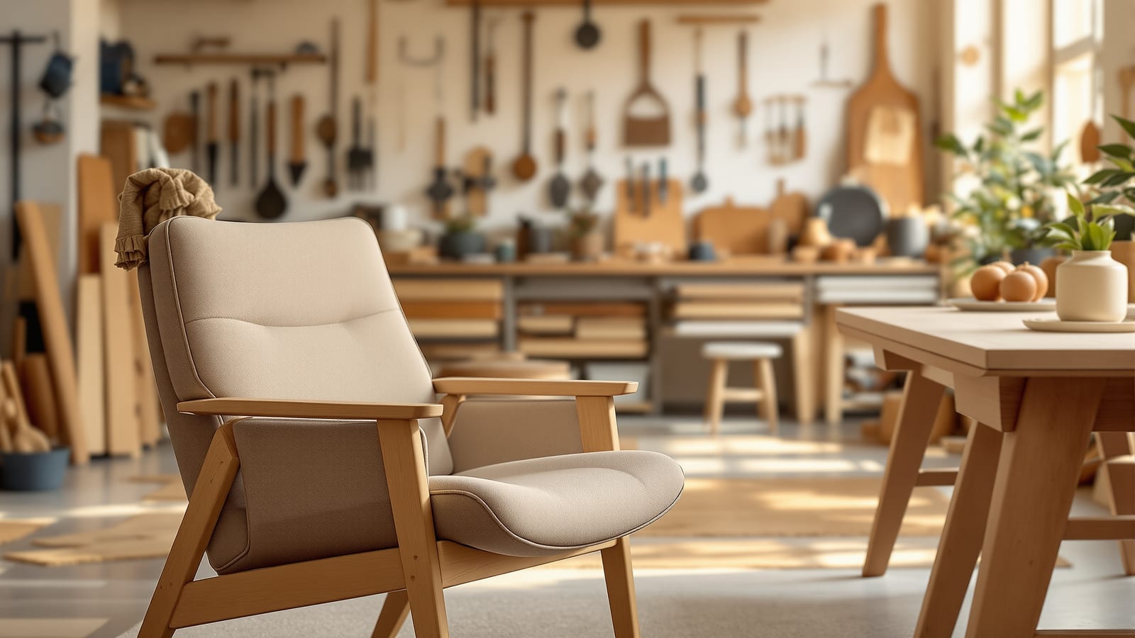 A furniture showroom and workshop in one — finished contemporary chairs and a bespoke timber table in front, tools and timber softly behind; the three ways furniture reaches a project.