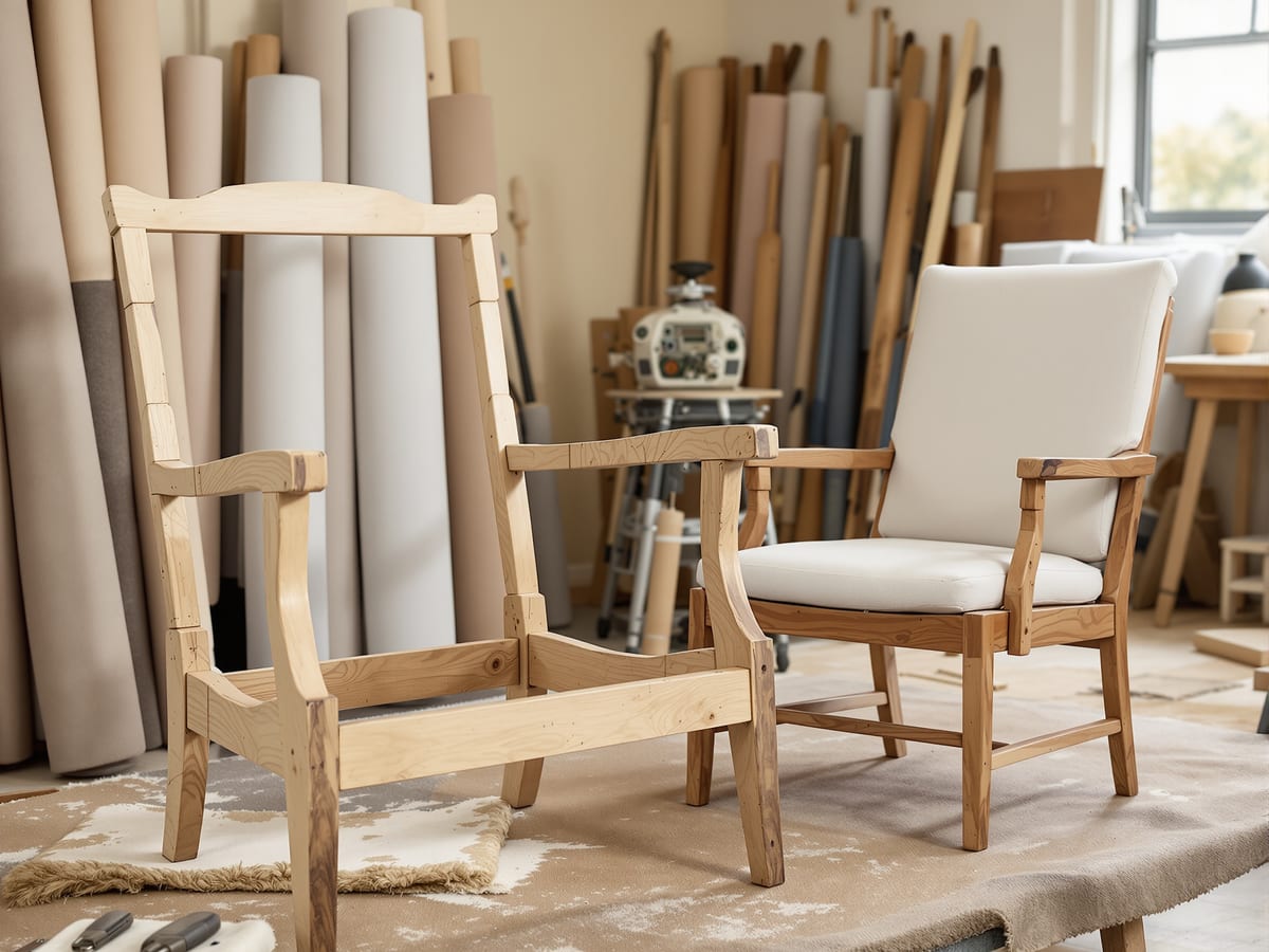Reuse in action — a salvaged chair stripped to its frame and rebuilt with new webbing, padding and cover; the most sustainable route to a characterful piece.