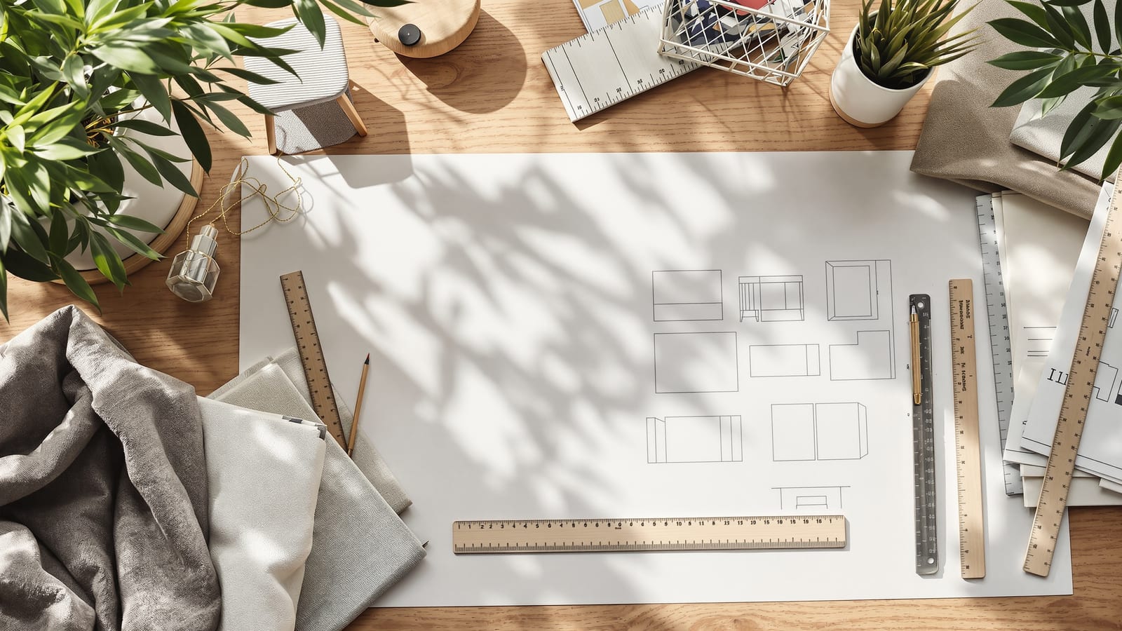 An interior designer's worktable — furniture drawings and a plan, material and fabric samples, a scale rule and a small chair model, the professional side of specifying furniture.