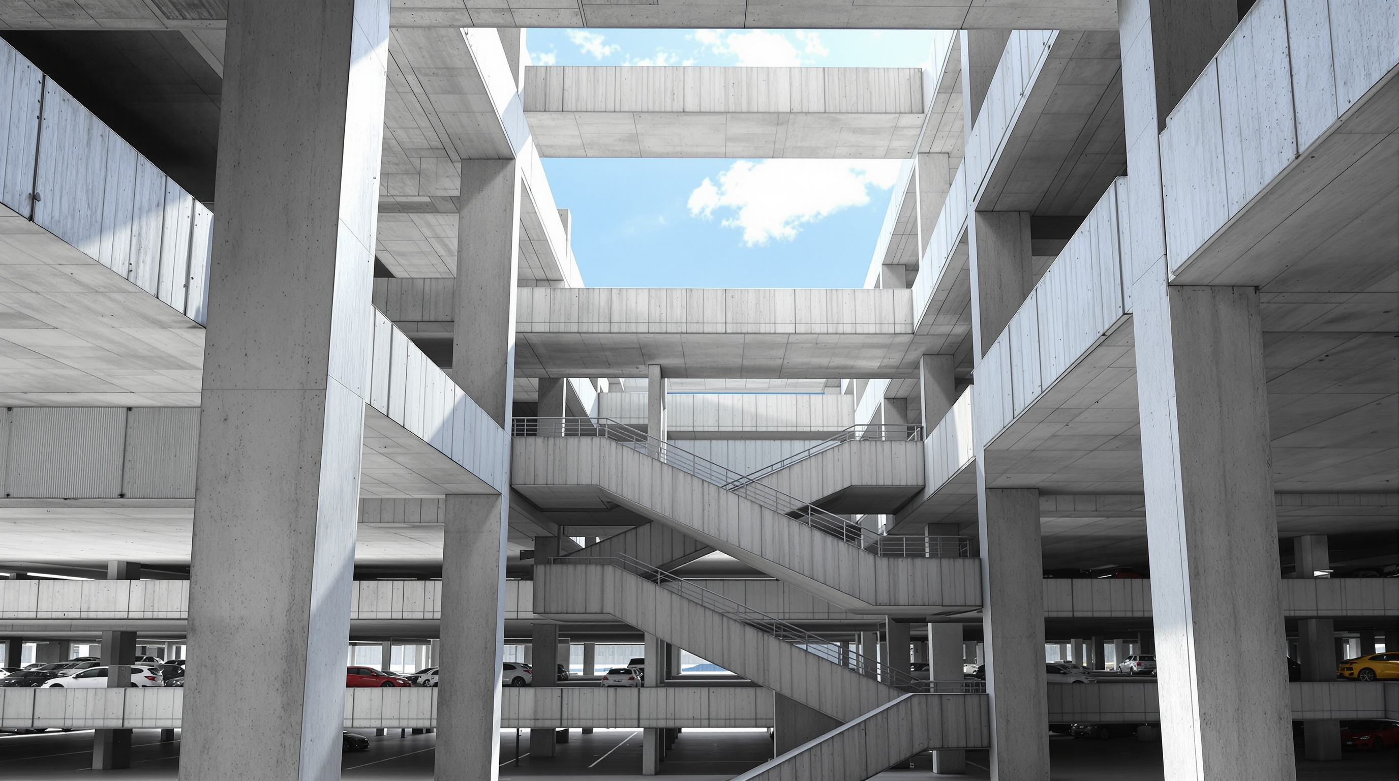 Looking up through the open floors of 1111 Lincoln Road: raw grey concrete slabs and slender tapering columns frame views of the Miami Beach sky, a few parked cars scattered across the deck, the monumental sculptural staircase visible zig-zagging through the section