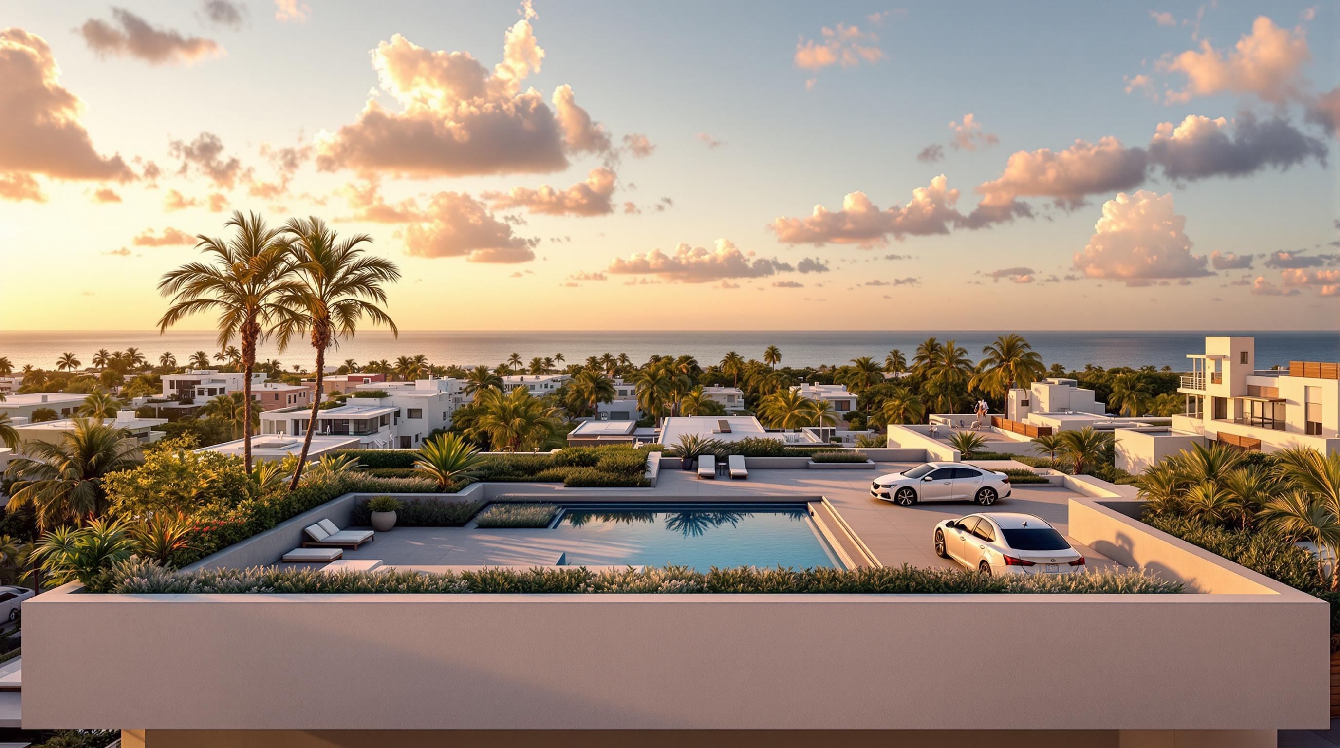 The rooftop of 1111 Lincoln Road at golden hour, an open concrete terrace with the private residence and swimming pool, planted gardens, and a sweeping view over the low rooftops of South Beach toward the ocean, a car parked beside the penthouse