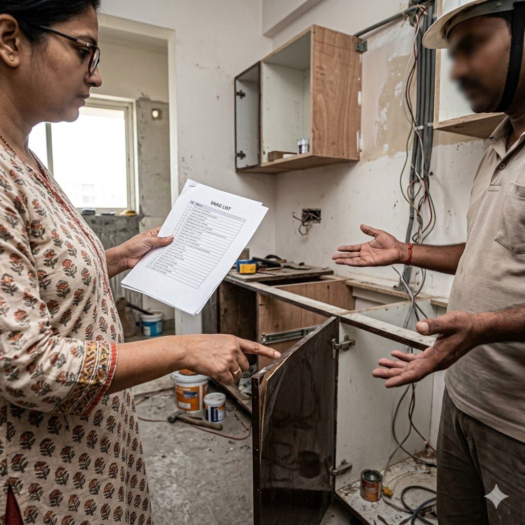Indian homeowner and contractor in a tense handover conversation over an unfinished kitchen, pointing at defects on a snag list