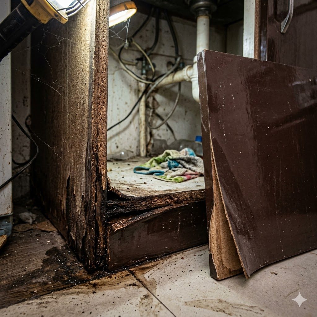 Close-up of a swollen, delaminating particle-board cabinet base under a kitchen sink beside a peeling high-gloss laminate shutter — visible regret materials