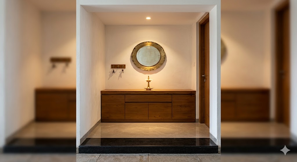 Compact entry foyer of an Indian 2BHK with a built-in shoe cabinet at 600 mm height topped with a generous teak console, a circular antique brass mirror above, three brass key hooks, a brass diya placed on the console, and a black granite threshold step on the floor — illustrating designed-in entrance storage that prevents foyer clutter